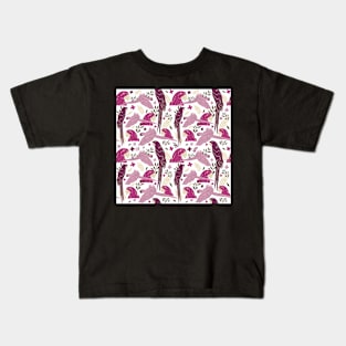 Ara Parrot Tropical Leaves Pink and Bordeaux Kids T-Shirt